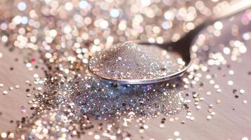 Spoonful of silver edible glitter with loose glitter on neutral background, culinary photography photo
