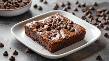 Square brownie on a white plate with visible chocolate chips on the top surface, culinary photography photo