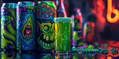 Stack of cans with unique designs beside a filled glass containing a green liquid, culinary photography photo