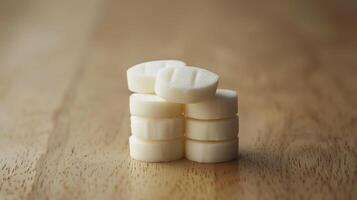 Stack of white mints arranged in a single layer on a smooth, light wooden surface, culinary photography photo
