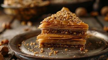 Stack of triangular baklava pieces with thin pastry layers and crushed nut filling, food photography photo