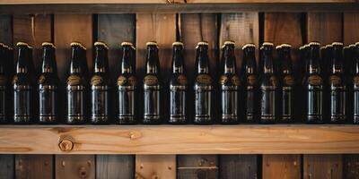 Bottles of stout beer with dark labels, arranged neatly on a wooden shelf, culinary photography photo