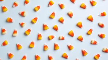 Candy corn scattered on a white surface, the classic color combination standing out against the background, food photography photo