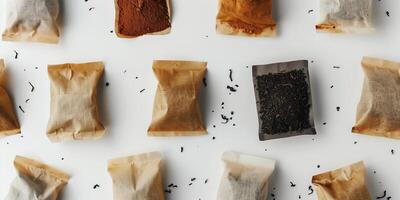 Chai tea bags arranged in a circular pattern on a white surface, food photography photo