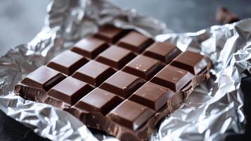 Chocolate bar partially wrapped in silver foil, revealing a uniform block of chocolate squares, culinary photography photo