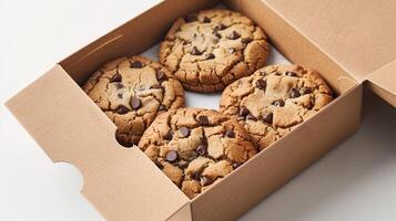 Chocolate chip cookies in an open rectangular box with a simple design, food photography photo