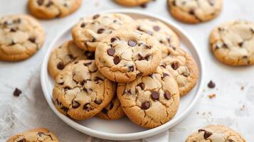 Chocolate chip cookies in a circular pattern on a white plate, culinary photography photo