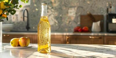 Clear bottle of sparkling apple cider, with condensation, positioned on a clean countertop, featuring the beverage label, culinary photography photo