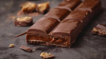 Close-up of a filled chocolate bar, highlighting the filling exposed in a broken piece, food photography photo