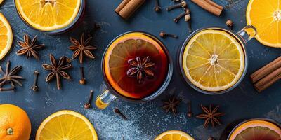 Clear mugs of mulled wine arranged with whole spices and slices of oranges and lemons, culinary photography photo
