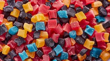 Close-up of chewy candy pieces grouped together, exhibiting different shapes and colors against a flat background, food photography photo