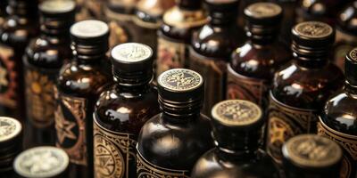 Close-up of handcrafted bottle labels, each featuring different designs and logos, culinary photography photo