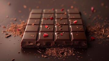 Cross-section of flavored chocolate bar, showing embedded flavoring elements within, food photography photo