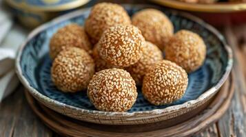 Fried sesame balls with consistent appearance on a simple plate, food photography photo