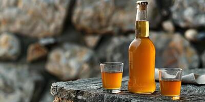 Glass bottle of peach-flavored cider, half-filled, positioned on a stone table, with a matching glass beside it, food photography photo