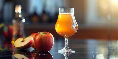 Glass of apple cider on a reflective surface, with a bottle lying horizontally in the background, food photography photo