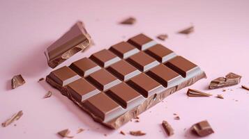 Milk chocolate bar broken into two parts, showcasing the creamy inner texture and clean edges, culinary photography photo
