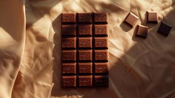 Milk chocolate bar placed on a table, divided into multiple small, uniform squares, culinary photography photo