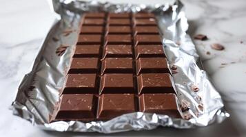Milk chocolate bar with foil peeled back, exposing an unbroken row of evenly sized squares, culinary photography photo