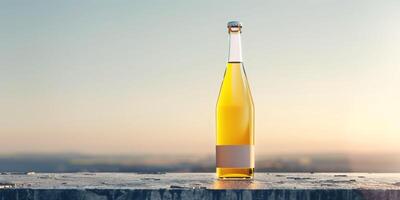 Pear cider bottle with a minimalist label, standing on a concrete surface, with a clear sky in the background, culinary photography photo
