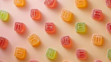 Multiple unwrapped hard candies arranged in pattern on light-colored surface, culinary photography photo