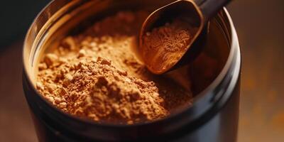 Nutritional drink mix in a large container with the serving scoop visible inside, culinary photography photo