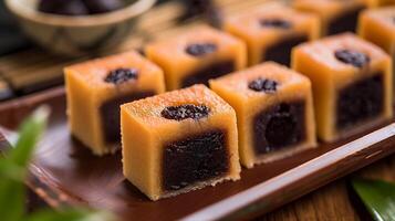 Pieces of red bean cake with dark filling arranged on a tray, food photography photo