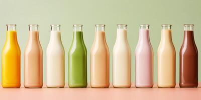 Several glass bottles with different flavored milk varieties, each marked with flavor names, culinary photography photo