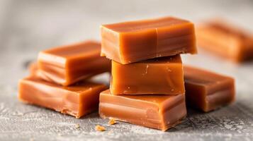 Pile of caramel candies stacked in a heap, highlighting their rectangular shapes on a neutral backdrop, culinary photography photo