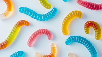 Several gummy worms of different colors and patterns scattered on a white surface, food photography photo