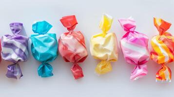 Several taffy pieces placed side by side, forming a gradient of colors and shapes on a plain background, culinary photography photo