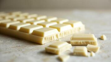 Side view of a white chocolate bar, showing thickness and uniformity of individual pieces, culinary photography photo