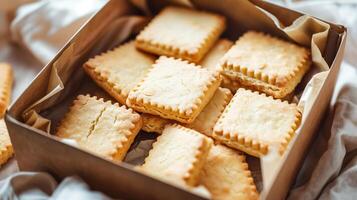Shortbread cookies in an open rectangular box with a simple design, food photography photo