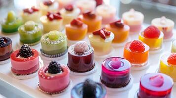 Small round desserts in multiple colors neatly arranged on a white platter, food photography photo