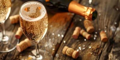 Sparkling wine in a glass, next to an open bottle and some corks on a wooden surface, food photography photo