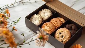 Specialty cookies placed in an open rectangular box with a simple design, food photography photo