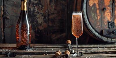 Sparkling wine in glass, open bottle, bubbles on rustic table, culinary photography photo