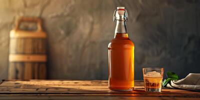 Tall bottle of amber apple cider on a wooden table, accompanied by an empty glass nearby, culinary photography photo