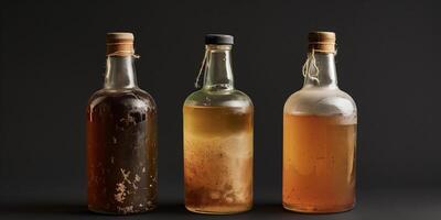 Three bottles of fermented beverages with different levels of sediment, lined up, culinary photography photo