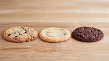 Three cookies in a row on a light-colored wooden table, food photography photo