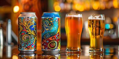 Three cans with different designs lined up with corresponding filled glasses in front, culinary photography photo