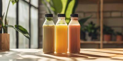 Three probiotic drink bottles of different colors in a straight line on a table, food photography photo