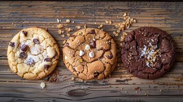 Three specialty cookies placed in a row on a wooden table, culinary photography photo