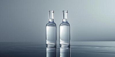Two vodka bottles standing side by side on a reflective surface, culinary photography photo