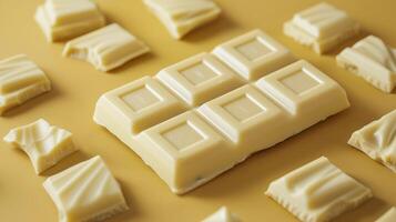 Unwrapped white chocolate bar on packaging, showcasing smooth, glossy surface and sharp lines, food photography photo