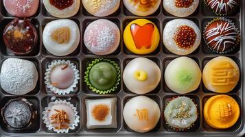 Mochi cakes with different fillings in a symmetrical pattern on a tray, food photography photo