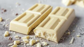 White chocolate bar broken into two halves, showing inner texture and clean, straight edges, culinary photography photo