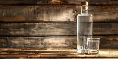 Vodka bottle on a wooden surface, accompanied by a single, empty shot glass, culinary photography photo