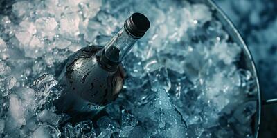 Vodka bottle partially submerged in a bucket of ice, surrounded by frost, food photography photo
