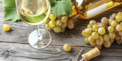 White wine in a glass, next to an uncorked bottle and a bunch of grapes, gastronomy photography photo